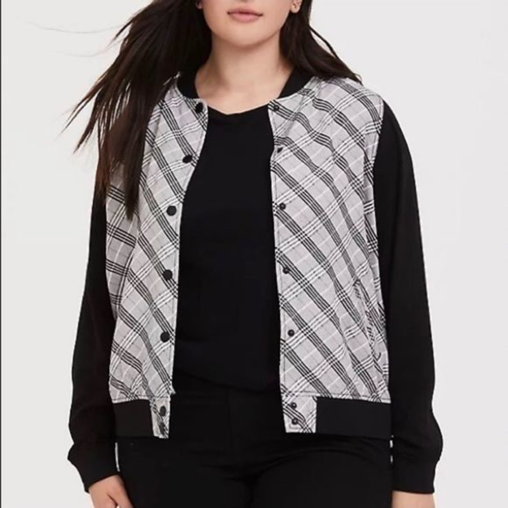 Torrid Black‎ White & Pink Plaid Twill Bomber Jacket